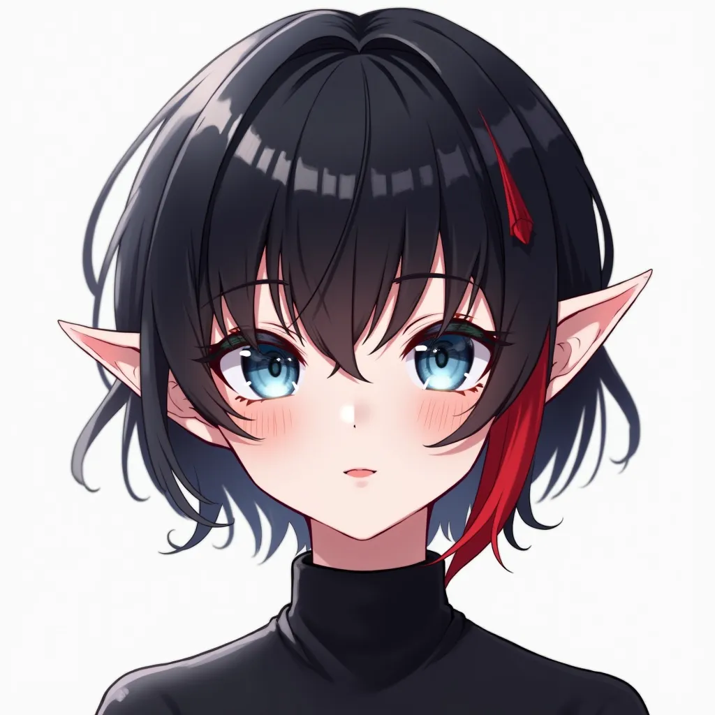 A white girl with extremely short black hair and bangs, a large red lock right in the middle of the fringe, some red tips on the side of the hair, some short wavy locks around the cheek. Short elf ears a bit pointed, with blue eyes and light blue details, ...