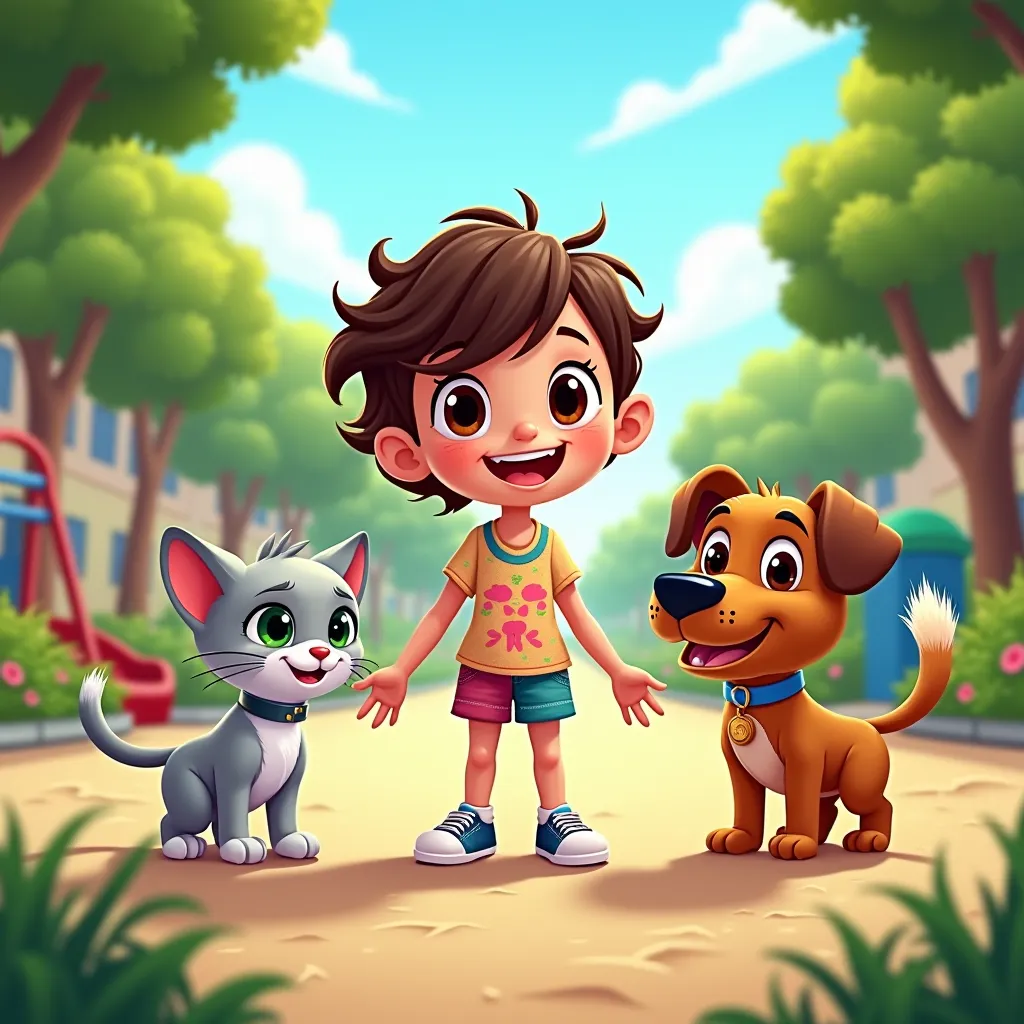 To create the illustration for the story "Adventures in the square: The dynamic duo of Lucky and Micky", you must consider the following elements: in the center of the image, you must place Olivia, a  girl with a radiant smile and bright eyes, with colorfu...