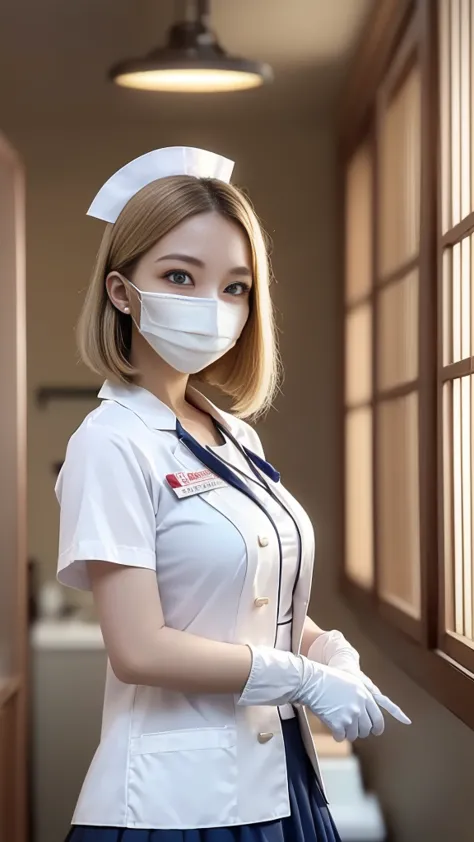 ((White Nurse uniform:1.2、nurse cosplay:1.1))、The perfect micro size for the body、skirt、Medium breast、 layer style、blonde hair、Straight Bob Hair、smile、(white rubber gloves)、(((White Mask:1.3)))、smile、Standing in front of the medicine cabinet、Inside the hos...