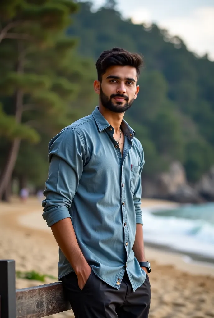 there is a man standing on a bench with a shirt on, in front of a forest background, mohamed chahin, with a cool pose, khyzyl saleem, taken with canon 8 0 d, candid picture, full body photogenic shot, at a beach, riyahd cassiem, photo taken with canon 5d, ...