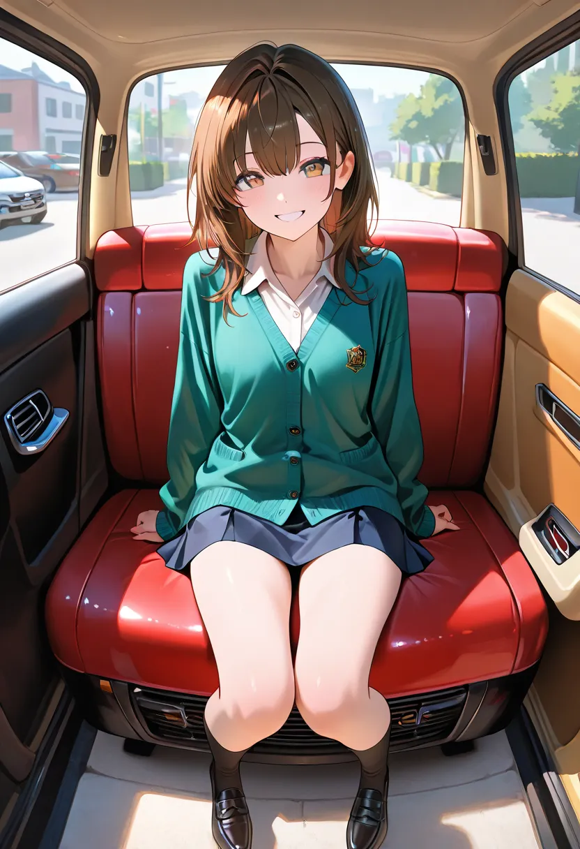 masterpiece, Full-HD, car, open a door, woman, smiling, sitting, looking at viewer, semi long, brown hair, with irises, chill atmosphere, anime, fair skin, petite, glamorous, cardigan, mini skirt, full body shot, front view, from above