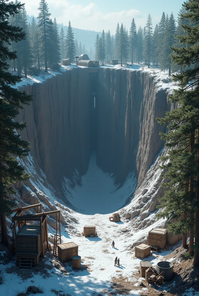 Pine forest, in the middle of this forest is the edge, on the edge of a funnel, going vertically down. The crater is fifty meters in diameter and a hundred meters in depth. Its walls are steep and go straight into the interior. There are wooden cranes on t...