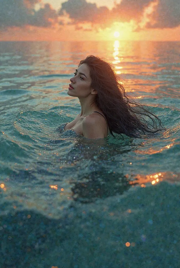 An ocean in which a very beautiful mermaid with black hair swims and looks at the sunrise

