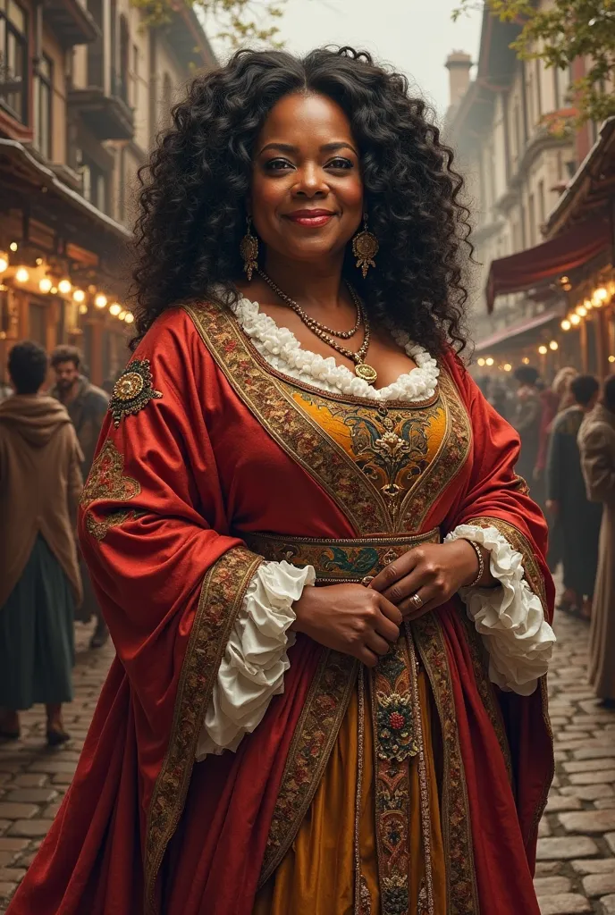 Create a digital artwork of Oprah Winfrey reimagined as the Merchant from Chaucer’s Canterbury Tales. She stands confidently in a bustling medieval marketplace, dressed in opulent, richly embroidered period attire with luxurious textures, intricate detaili...