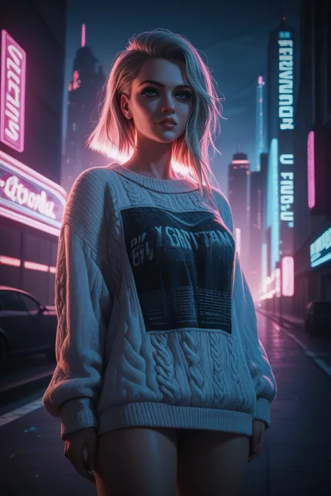 Grand theft auto 5 style, night city fit gangster girl, wearing in only very short torned sweater with open shoulders , She holding gun and pressing it to her face, front view