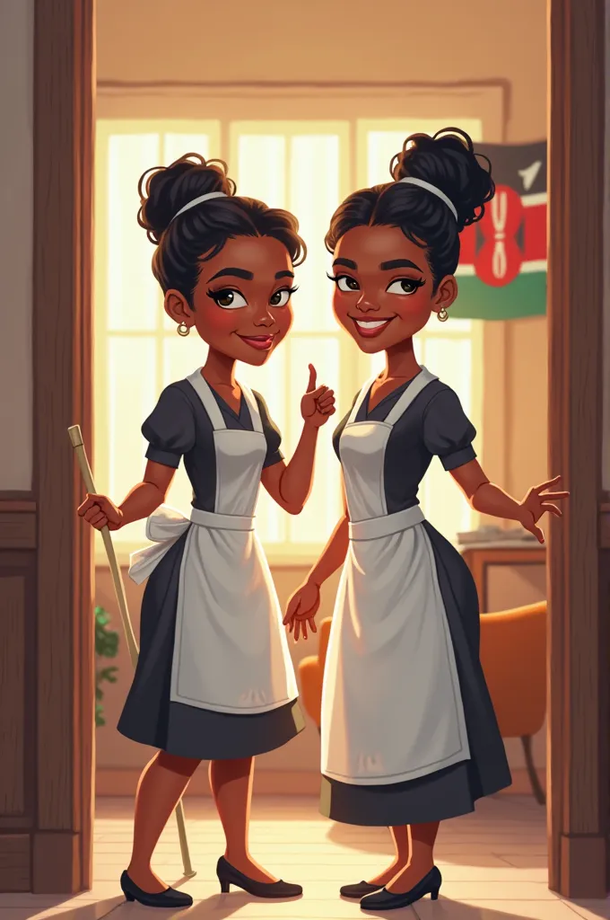 Happy Kenyan women in maid outfits, smiling. One holding a mop and the other making a welcoming gesture. They are both inside a beautiful house with the Kenyan flag floating in the background. I'm a animated look.