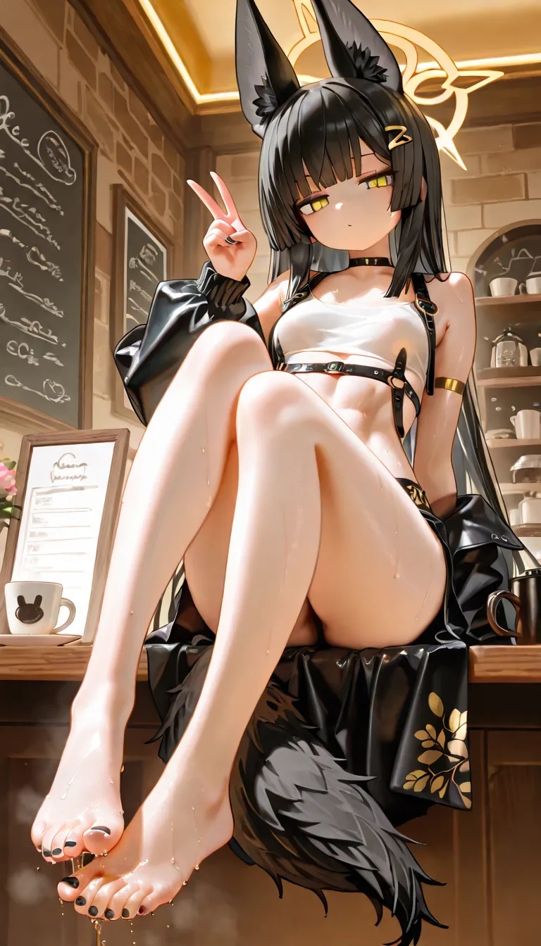 1girl, yellow eyes, jitome, dark black long stright hair, long straight bob, straight bangs, hime cut, small Breast, white clothes, jackal tail, loose cropped top, white anubis girl, slit skirt, office suit, flower pettern clothes, Choker, bare legs, foot,...