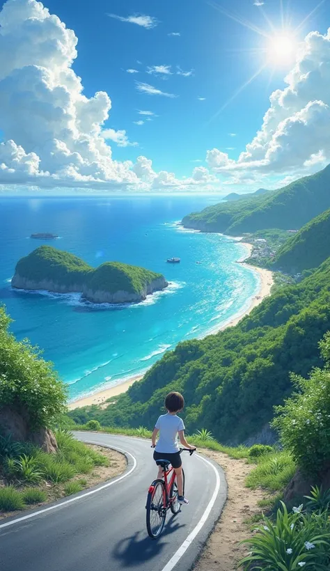 Ultra-realistic capture, Highly detailed, A breathtaking coastal road on a remote Okinawan island, overlooking the emerald blue sea.
Lush tropical vegetation, white sandy beaches, and small islands in the distance.
A young girl rides a bicycle down the win...