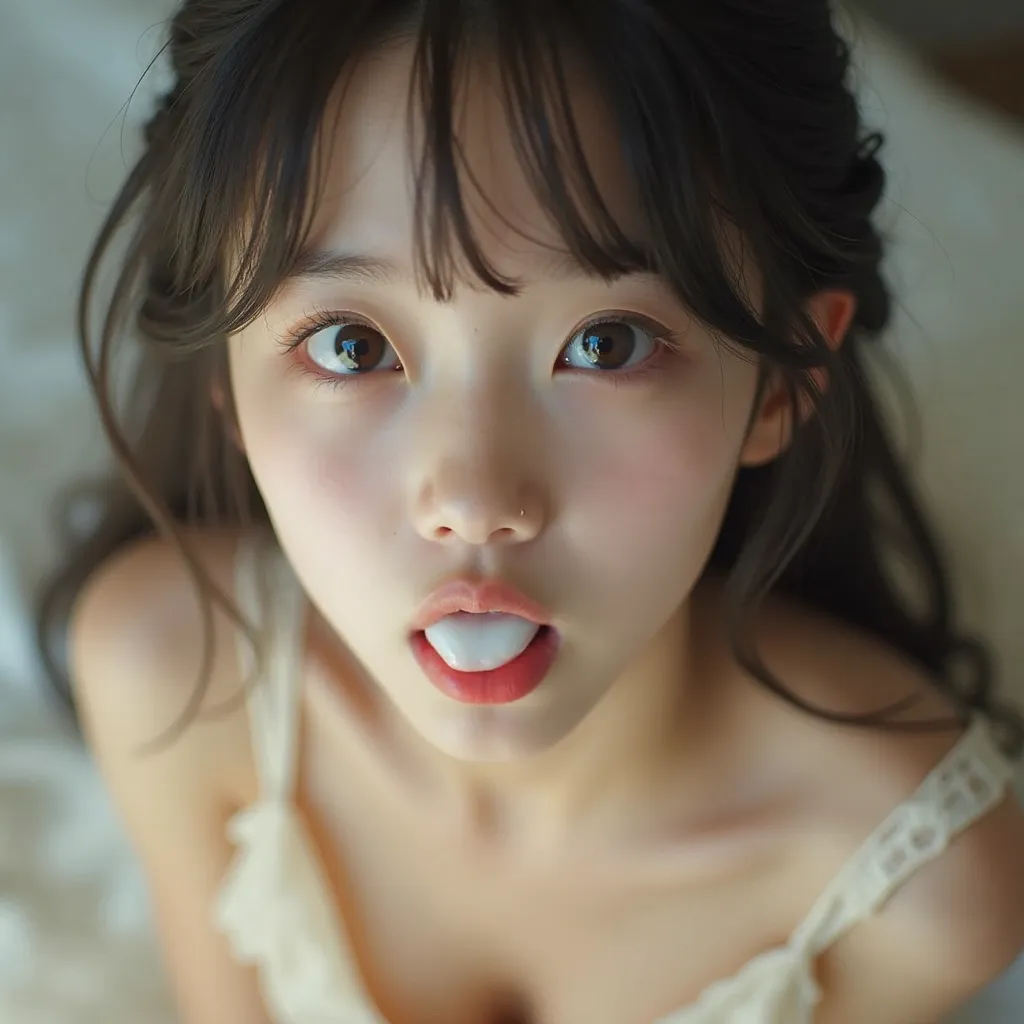 Very detailed live action of a young Korean girl,  full body in focus ,  Transparent beige nightgown , , beautiful reflective eyes, Highly detailed eyes and face,  Sensual Expression , with open mouth, Professional photography,Her face culminating in sexua...