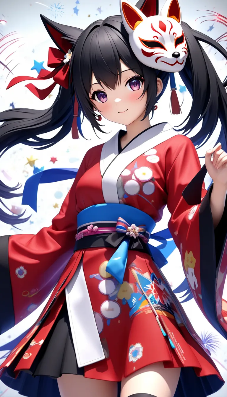 Fireworks are the characters in Collapse Star Rail。She has black twin tails and is wearing a red kimono with a fox mask on the left side of her face。Collapse Star Railのキャラクター Fireworks。Collapse Star Rail。 Fireworks。 black hair。twin tails。Ribbons to Twin Ta...