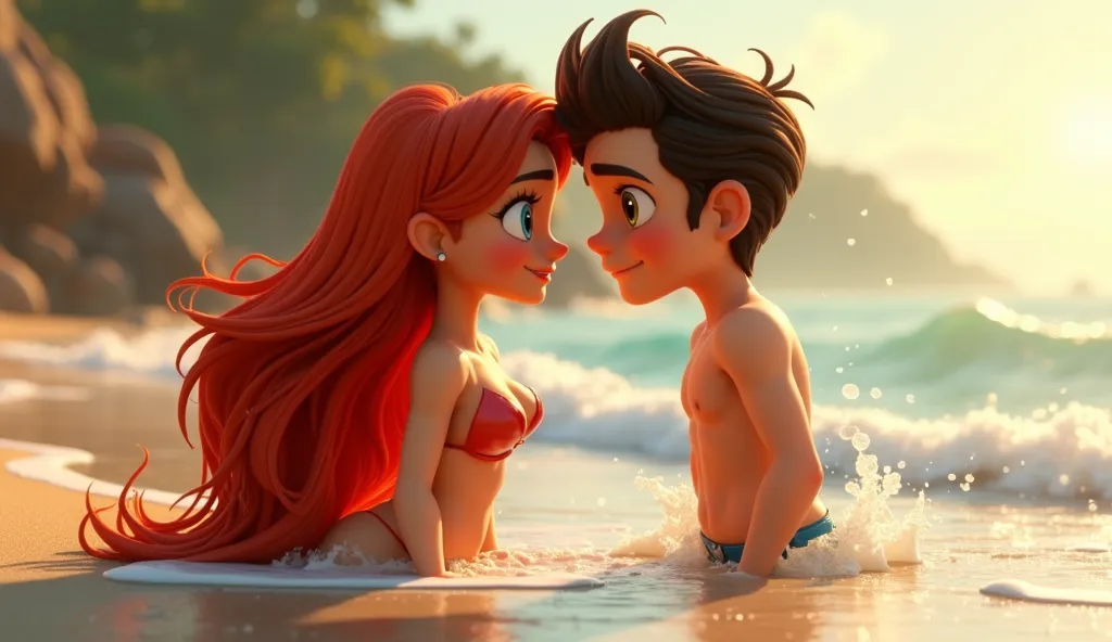 The image is made in the style of 3D animation, reminiscent of Disney or Pixar cartoons. Characters with large cartoon eyes. Conveys an atmosphere of warmth, romance and magic. All the details are carefully worked out. The image shows a romantic scene with...