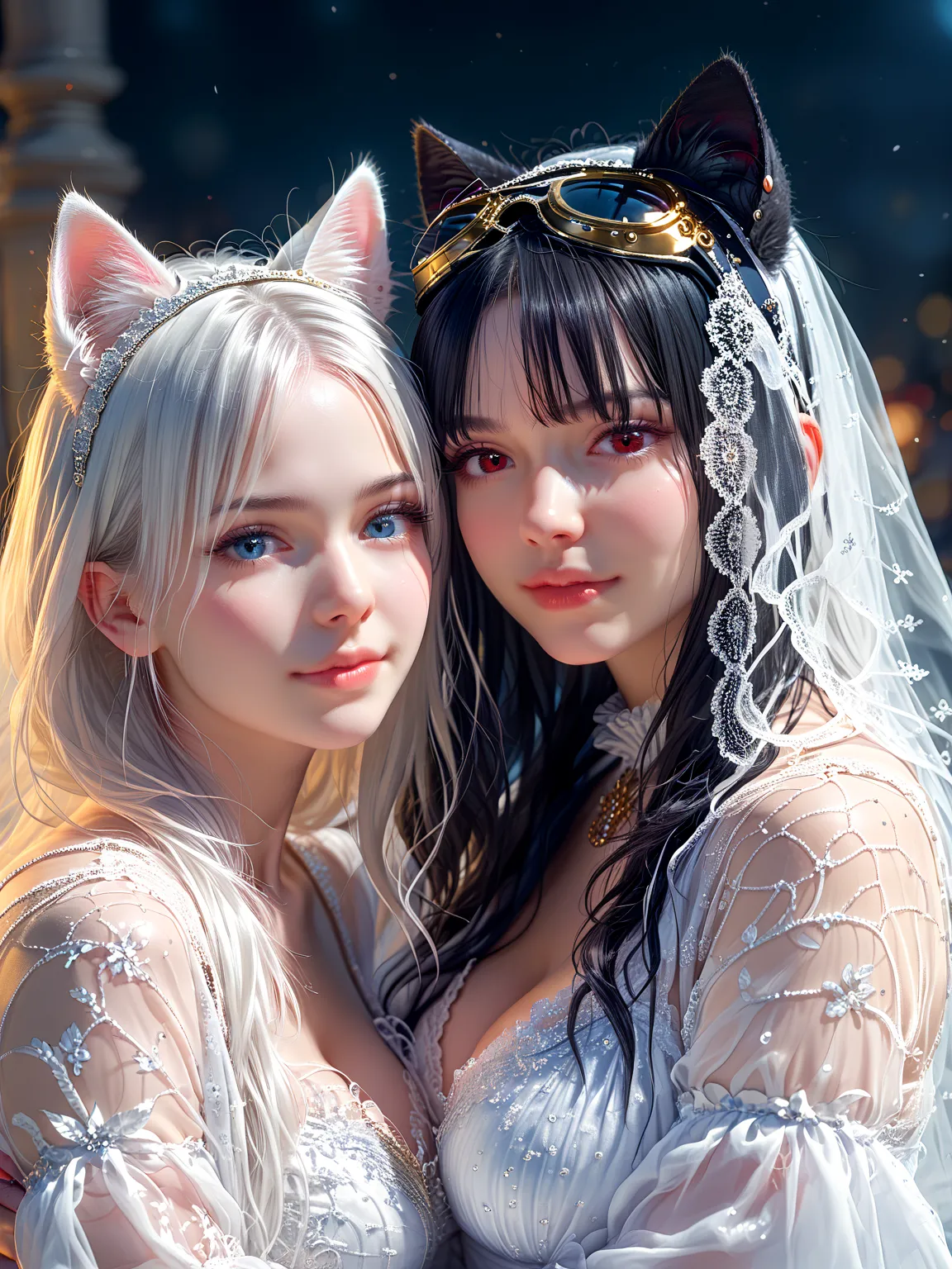 2人のbeautiful adult girls, ((Depicts a sad white-haired cat eared maiden and、Depicts a happy black-haired cat-eared maiden putting her back together and looking up at the sky))。manga illustration, casual yet stylish pose, intricate line work and cross-hatch...