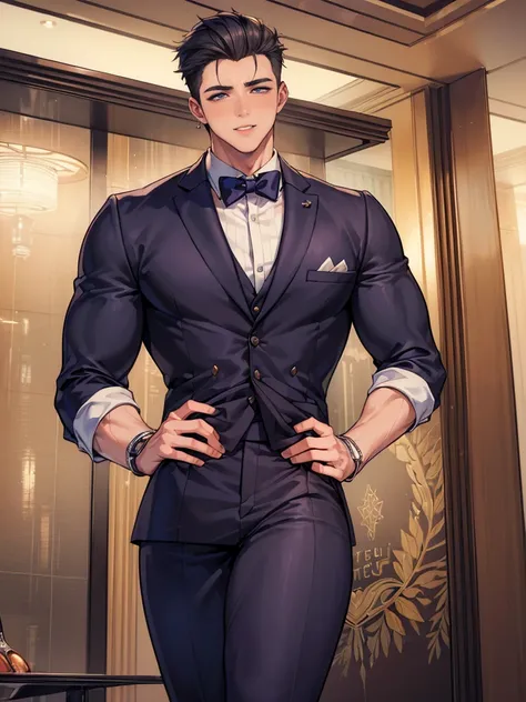  (masterpiece,best quality,ultra_detailed,highres,absurdres), (detailed shadow), (quality light),1 (young_yaoi_ikemen_male:2.0) (with bulge:1.2), 30-ish, (muscleale focus), (solo:1.6), short black Quiff hair with Soft Fringe (bangs part on side 3:7 ratio),...