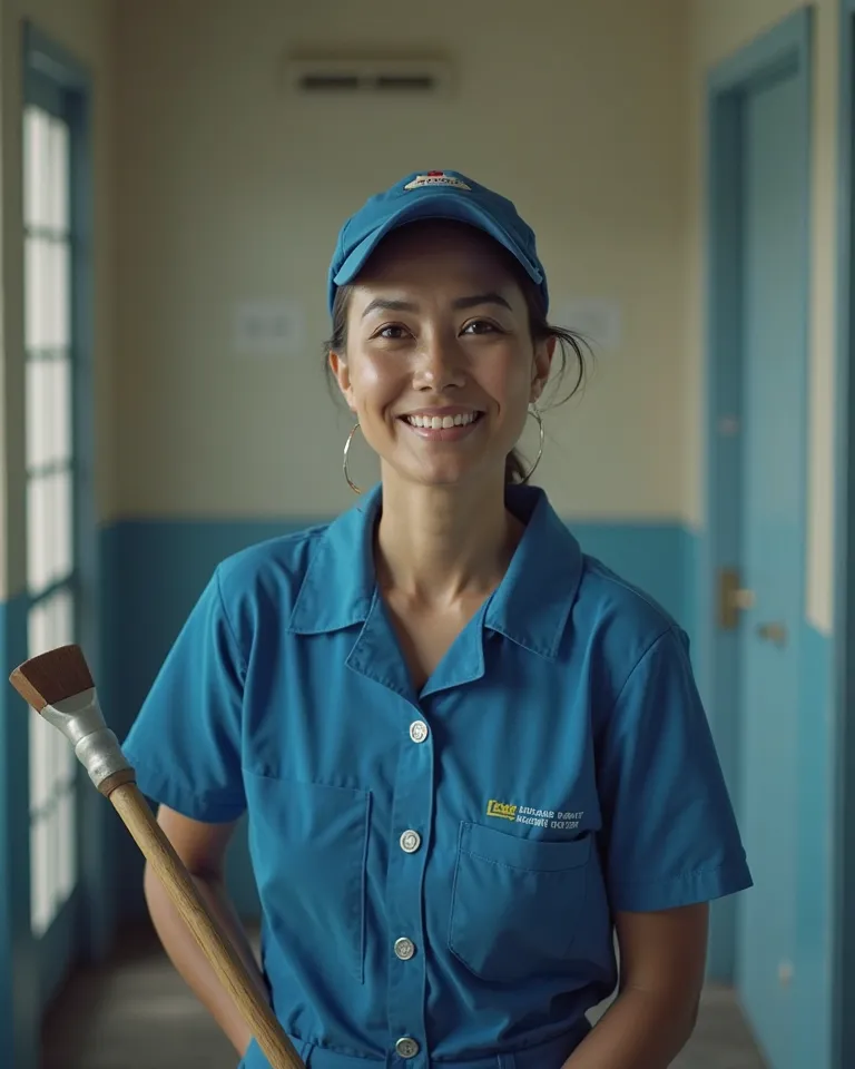 📽️ Cinematic frame of a Paraguayan worker in a blue uniform cleaning a room, alternating shots of her face with a smile and her work in action. The video highlights her effort and dedication, with a message of recognition and respect. Leave space for final...