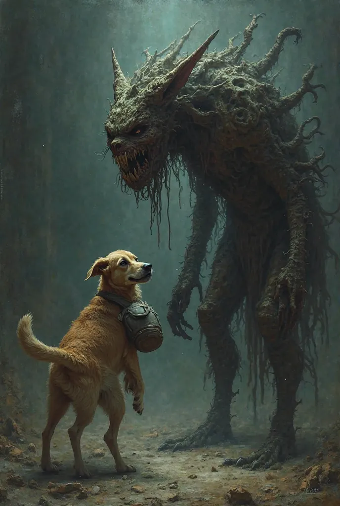 Imagine a dog carry a bag vs very dengurse creature fight 