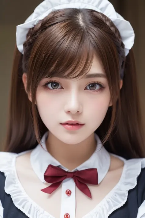 faceup,highest quality, masterpiece, 8k, Ultra-high resolution, (Realistic: 1.4), 1 girl, Beautiful Face, Symmetrical eyes, big, Perfect Body Proportions, ((Long Hair))、((Brown Hair:1.5)), Maid、((ゴスロリ風Maid服:1.4)), Viewer&#39;sight, ((Coffee shop、Blurred Ba...