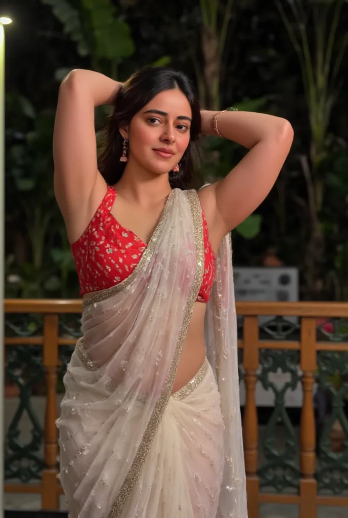 photo of hourglass figure Mature Indian Bengali Aunty with dusky skin, wearing Transparent chiffon white saree with golden border and red sleeveless  Blouse, showing her large U cut Cleavage, Red Sindoor on her forehead, Both hands streched up above head s...