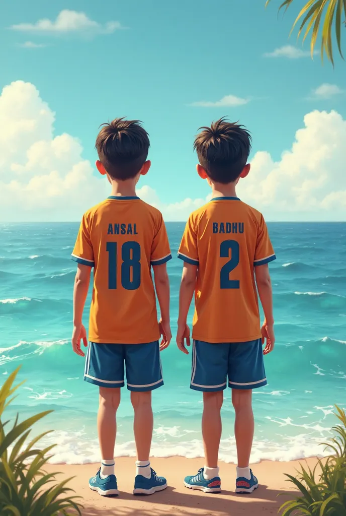 Two boys standing in front of sea. A boy name is ansal then anthor boy name is badhu. Theyer wear jersy. Wrait name in jarsy back