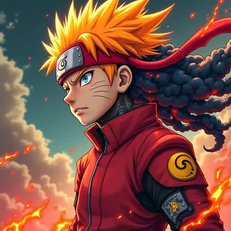 an intense anime-style character  Naruto with wild, Orange, flaming hair and a fierce expression. He is Wearing a Red Suit which is known as his bayron mode suit . His body is covered in scars and burn marks, suggesting he has been through intense battles....