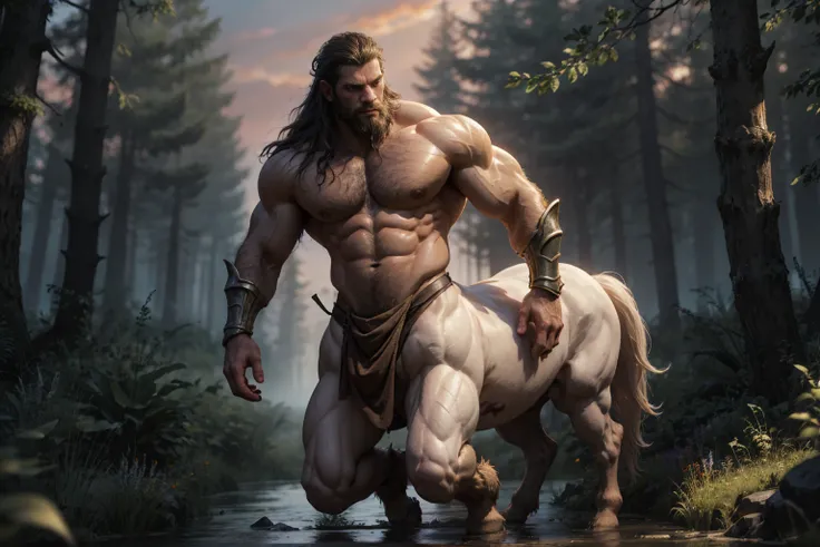 very detailed,   full color , full body photograph of a centaur..:1.2,   of foot, high, long black hair, with beard, Gauntlets, mostrando el hairy chest, ((hairy chest+)), ((white skin)) raising a victorious arm  , detailed muscular physique  , realistic r...