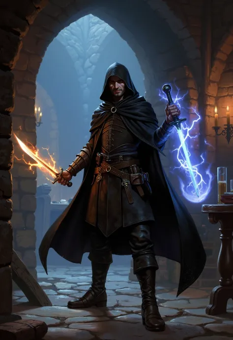 A medieval fantasy illustration of Kael the Shadow, a thief with a lean and wiry build. He has a short dark beard and a half-smile that hints at charm and danger. Kael is wearing a hooded cloak as black as a moonless night, which drapes over his shoulders ...