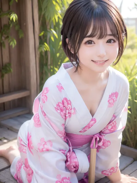 (8k、 RAW photos 、highest quality、High Resolution、masterpiece:1.2)、( realistic、photorealistic:1.3)、1 girl、smile、no makeup、 smaller breasts、(full body photo)、 very beautiful photo、( straight 、short hair:1.4), (Yukata:1.3), 