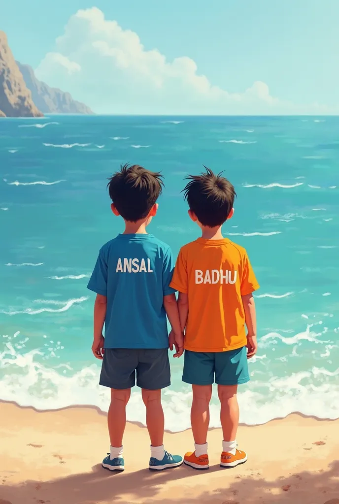 Two boys standing on the sea. A boy name is ansal then anthor boy name is badhu. Theyer wear jersy. Wrait name in jarsy back