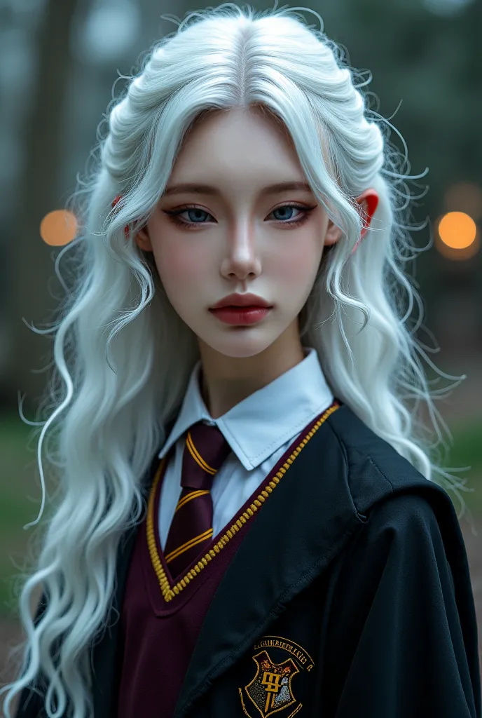 She is a girl with silver-white hair, dark red eyes, pale skin, beautiful and elegant face, wearing Hogwarts uniform.