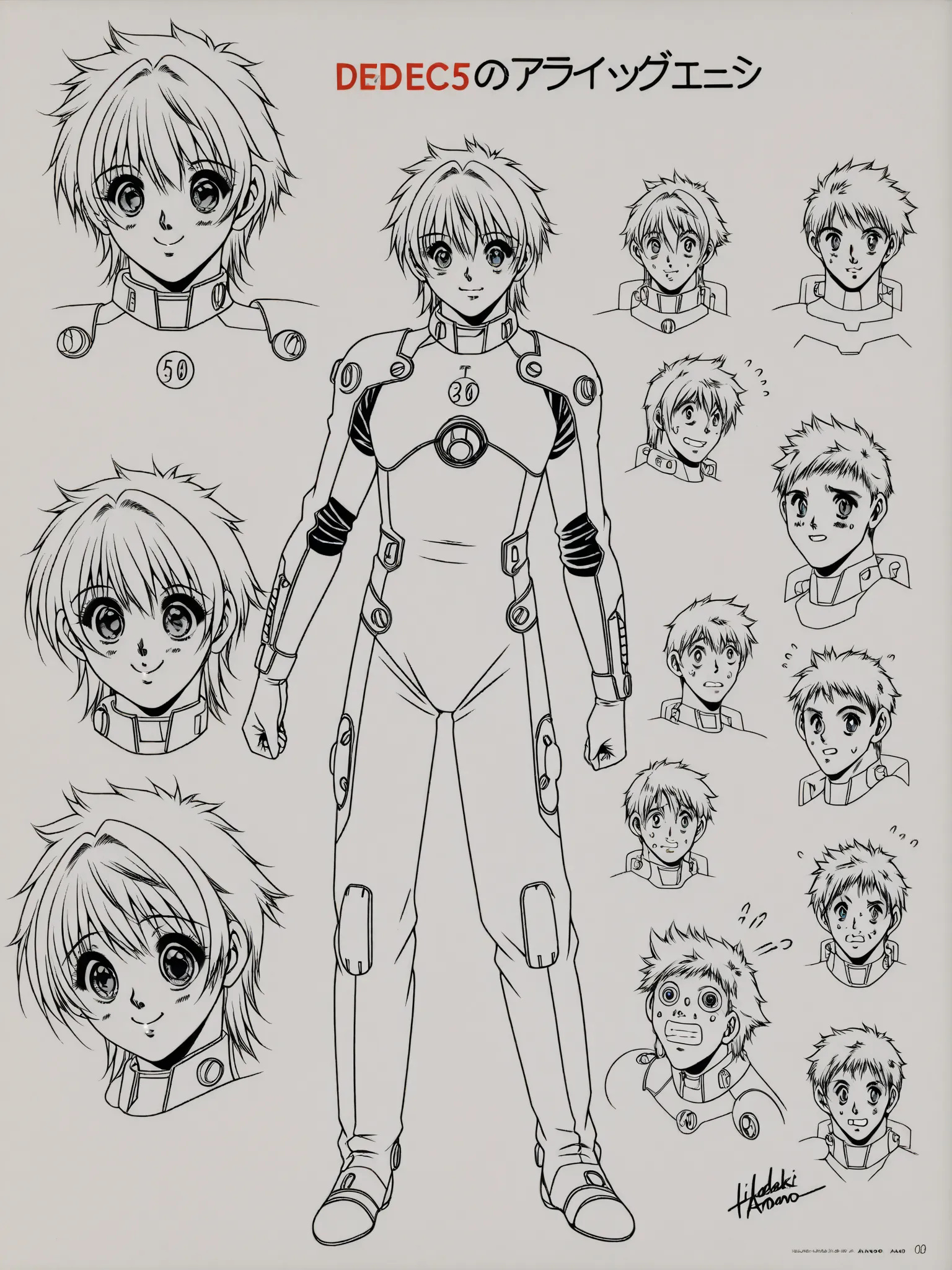 (anime cel:1.4), (bold lineart:1.3), age boy with (oversized eyes:1.2) 58% eye/face ratio, (nervous expression:1.1), (plug suit:1.3) with visible stitch lines, (mechanical details:1.4) showing hydraulic joints, (geometric AT field:1.2) with #FF4500 glow, (...