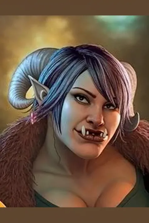 Female troll with horns,  big breasts , stocky and modern clothes, in cyberpunk photorealistic