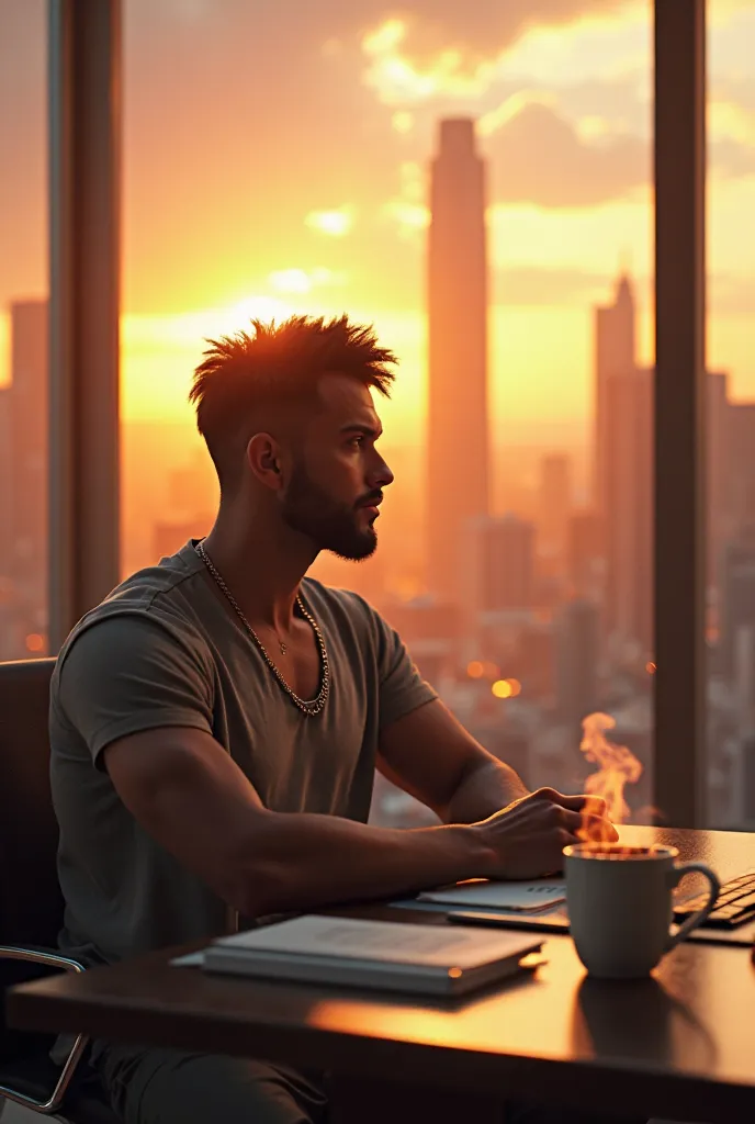 A Greek god-like handsome man, intense focused expression, sitting at his work desk with a cup of coffee, modern city skyline in the background, golden-hour lighting, hyper-realistic 4K fantasy style