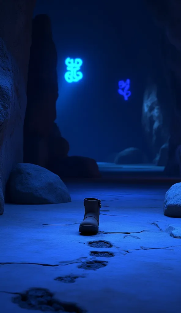 Create a Disney Pixar style close-up shot of Ella’s boot making a soft imprint on the cave’s dusty floor, as if her presence is being erased. The setting is inside a shadowy cave, with faint glowing symbols on the walls. The subject is placed centered, emp...