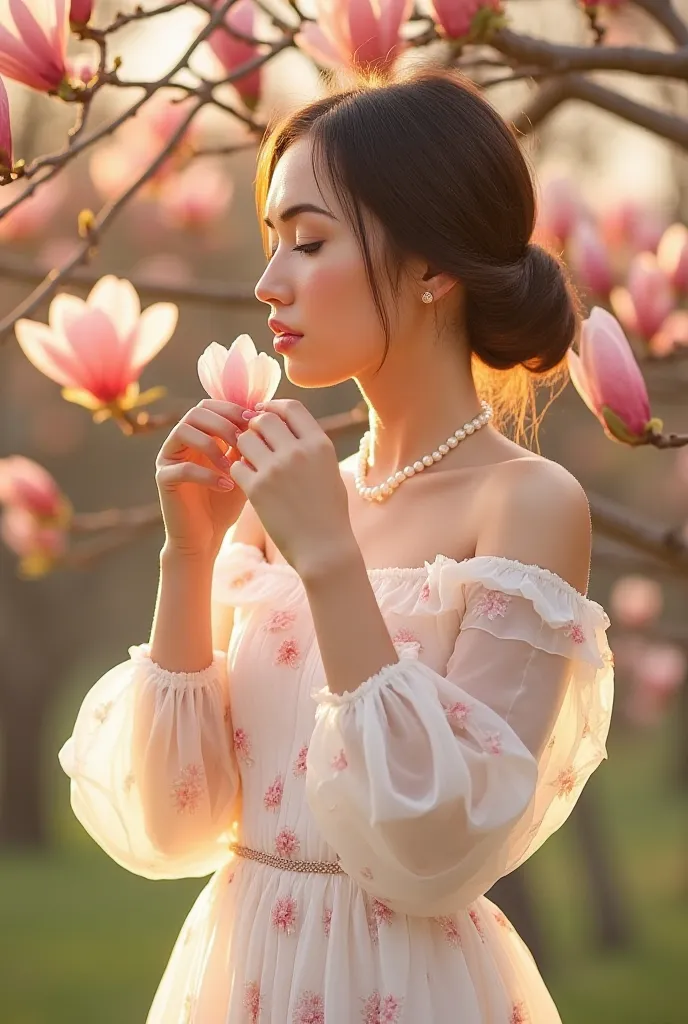 Промт :

Main Subject and Scene
A young woman with fair skin and an elegant posture stands amidst a magnolia tree in full bloom. She has her eyes closed and a serene expression as she gently touches and smells a magnolia flower. Her hair is styled in a loo...