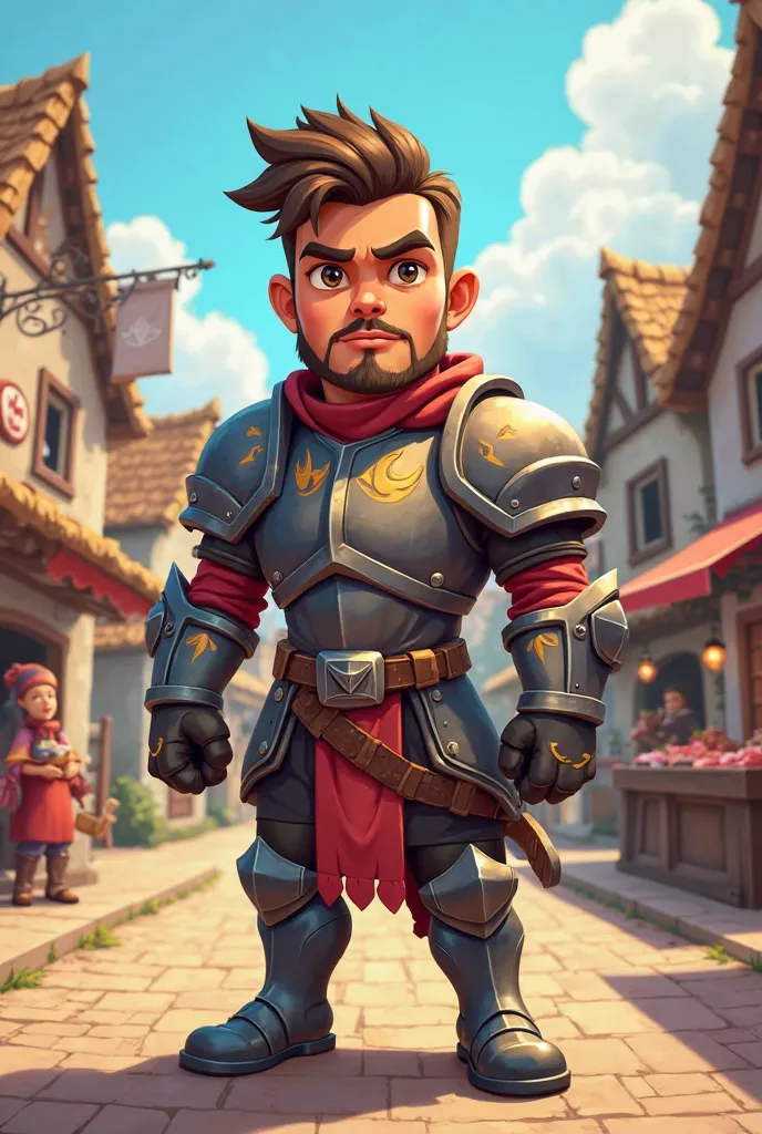 Create a 2D Cartoon warrior looking at the camera with a basic little town in the background and a medieval butcher, is 2d, Make it very simple 