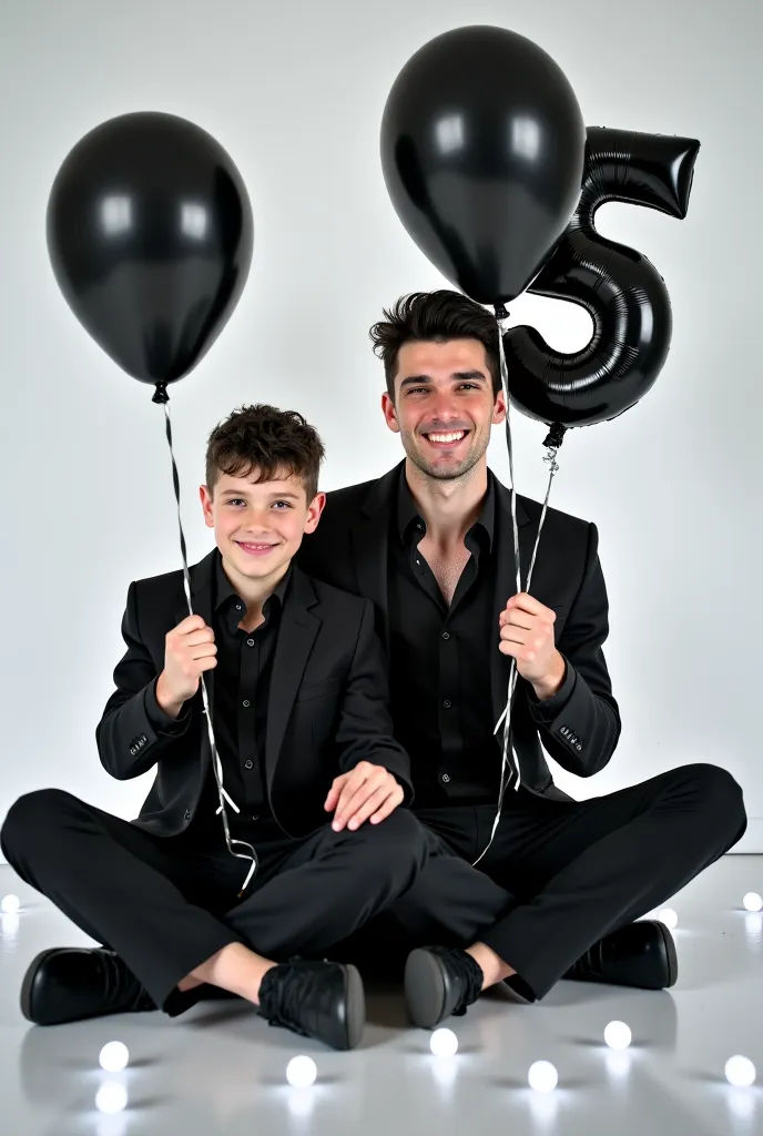 A Young father and  son , They are white with short black curly wet hair, smile. Both are wearing modern tailored black suits. They Sitting on the floor holding black balloons that form the number '5'. White LED lights around the floor. The adult brother 2...