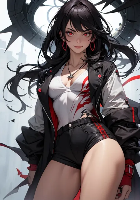 I am a 19-year-old girl I have a slender and sexy body I have fair skin and an evil smile I have long hair I have unruly messy black hair and the ends of my bangs are red I have radiant red eyes a wicked look and a scoundrel with clothes that show some of ...