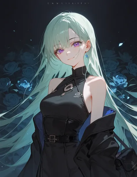 girl, light green hair, in purple eyes,slim, Open Shoulder Dress,,beautiful,blue,Pointed eyes , black eye border ,The joker, psychopaths , Exhaustion,Black Sleeve Bag,Assassin, blouse open shoulders ,Fierce face, long hair,Sleeveless suit,Black Glove,Long ...