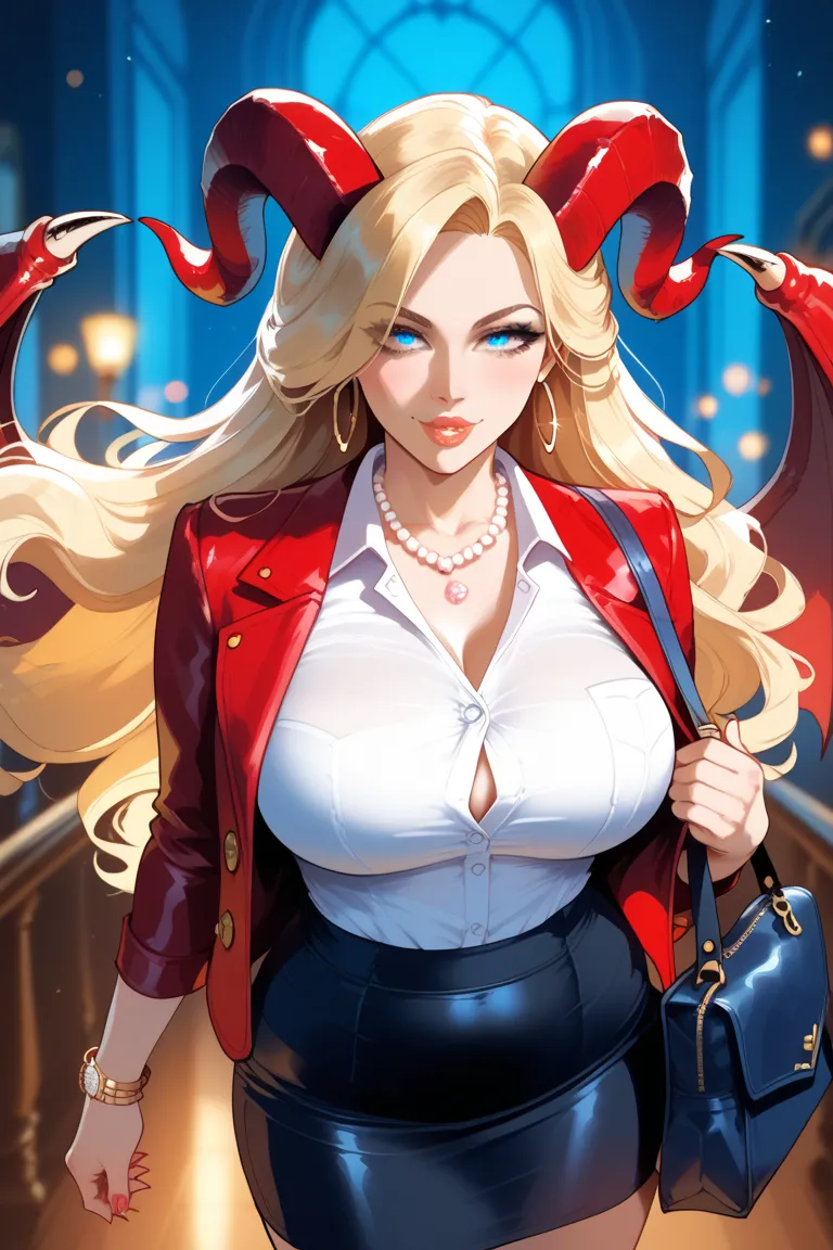 Sexy demon milf mature woman, intense red leather, Horns, long blond hair, blue eyes, buttons wearing a white shirt, elegant blue bag, gold watch on the wrist, pearl necklace, hoop and skirt bracelets