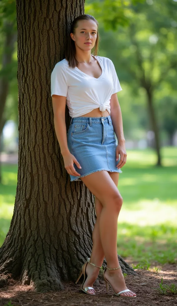 High resolution, realistic skin textures,  Realistic photo, spontaneous photo, far shot, Poland,  1girl , young, ponytail, Iga Świętek, t-shirt with plunging neckline, denim miniskirt, (stiletto heels with ankle strap 1,5), in the park, stands , with back ...