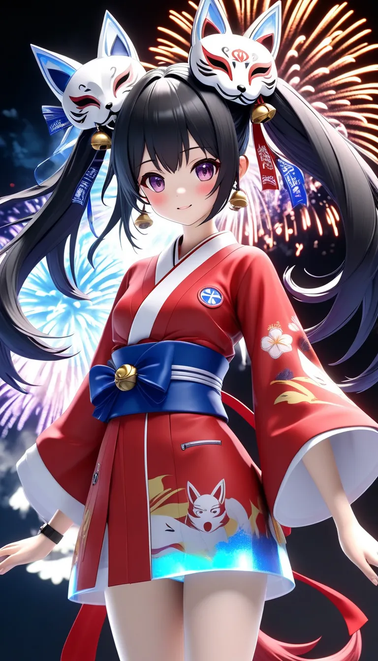 naked。naked体。There are no beast ears。he has a bell around his neck。Fireworks are the characters in Collapse Star Rail。She has black twin tails and is wearing a red kimono with a fox mask on the left side of her face。Collapse Star Railのキャラクター Fireworks。Coll...