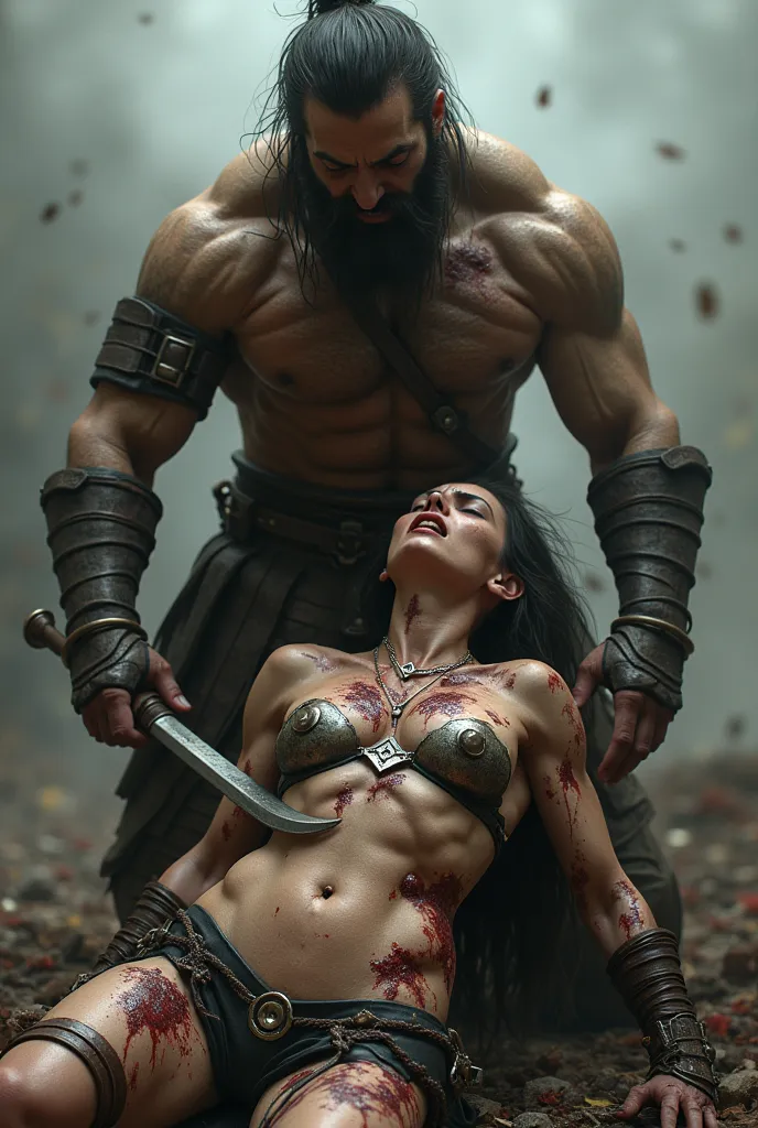 A realistic warrior woman defeated 8n battle by a breast stab and blade still lodged in her breast and vagina by a warrior man with exposed abs 