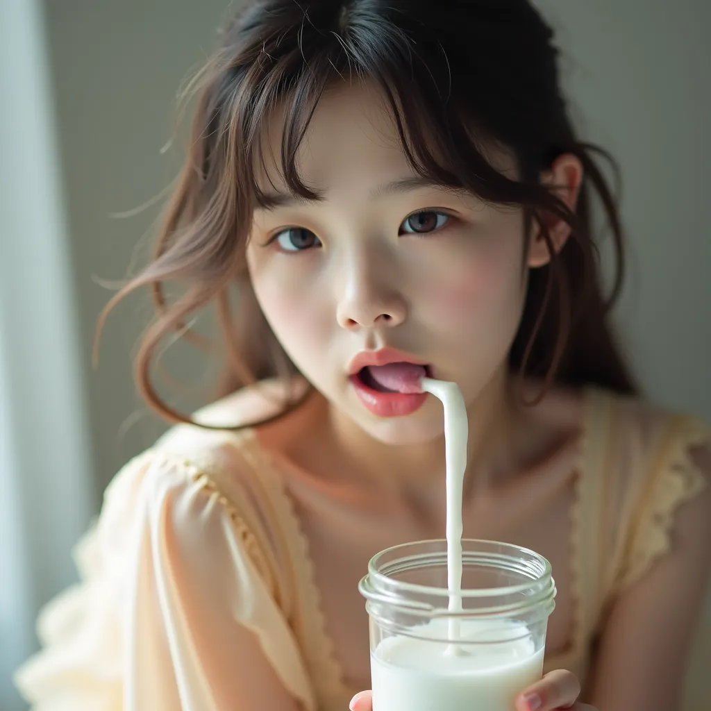 Very detailed live action of a young Korean girl,  full body in focus ,  Transparent beige nightgown , , beautiful reflective eyes, Highly detailed eyes and face,  Sensual Expression , with open mouth, Professional photography,Her face culminates in sexual...