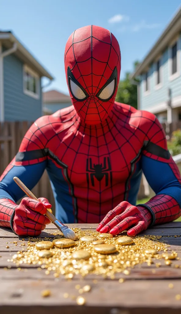 A Spiderman superhero in a red and blue costume with a mesh pattern, resembling a famous character from the comic book. The character sits at an outdoor wooden table, medium to paint medium-sized cobblestones in a golden color using a small brush on the ta...