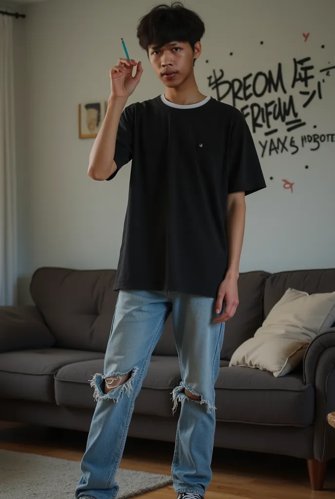 17-year-old Korean boy, medium build, 57 kg weight, muzzle hairstyle, wearing a black t-shirt and white undershirt, blue jeans with torn knees, wearing white and black medium shoes, posing in a building room while holding a cigarette with an HD background ...