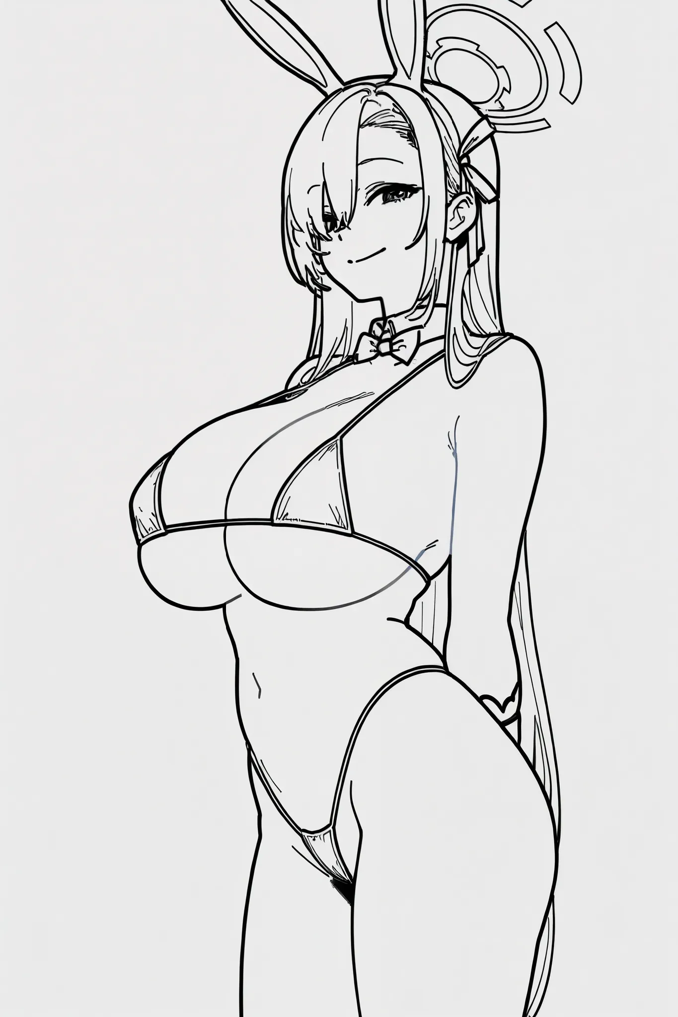 1girl, asuna_(bunny)_(blue_archive), blue_archive, 1girl, huge breasts, cowboy shot, micro bikini, hands behind back, pencil drawn sketch, monochrome, simple lineart, simple background, work in progress sketch