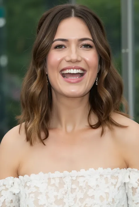 best quality, highres, 8k, masterpiece, photography, detailed midbody photorealistic portrait. Mandy Moore looks ethereal in a white lace bikini with delicate scalloped edges, exuding an elegant yet sultry charm. Her hair is styled in loose beach waves, wi...