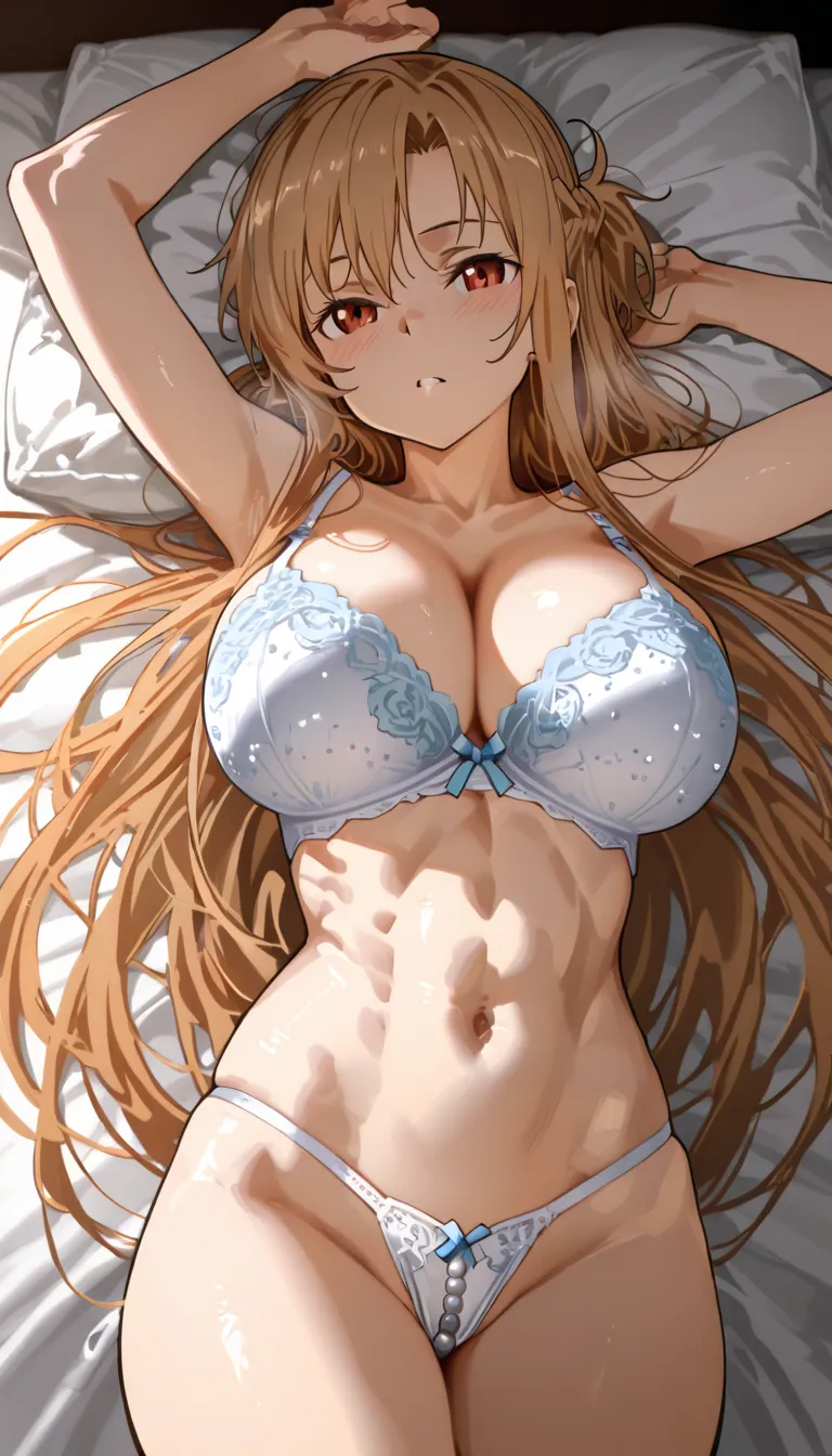 masterpiece, best quality, 4k, 8k, highres, ultra-detailed, HDR, UHD, sharp focus, extreme detail description, anime style,Source anime , Asuna, sword art online, large breast,Thick thighs, beautiful stomach,abs,Pearl bra,pearl thong, lying on the side 