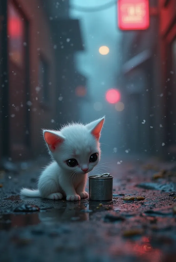 The tiny, animated white kitten sniffs the ground, nudging an empty food can with its small pink nose. Its soft fur is slightly damp, and its large, expressive eyes reflect hunger and desperation. Its little body trembles as it tries to curl up for warmth,...