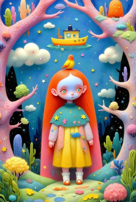 a creative and childlike illustration：Felt Art， colorful black ， lively and fun ，lively，with a boat and a bird on her head, beeple 和 jeremiah ketner, Jane Newland,  pop surrealism,  pop surrealism art style, Pop Surrealism, lowbrow  pop surrealism,  pop su...