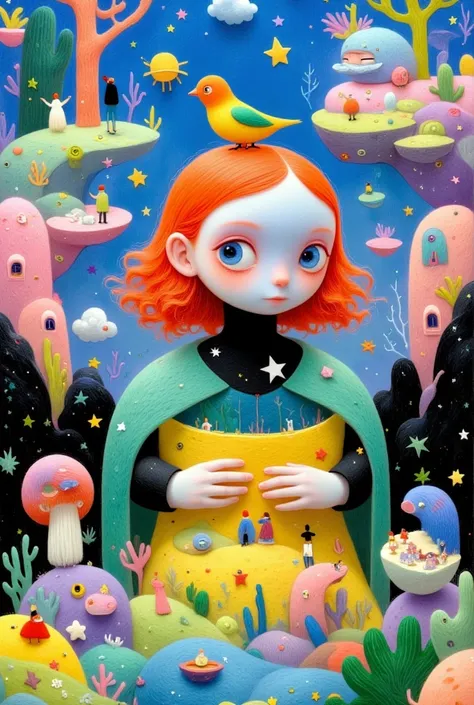 a creative and childlike illustration：Felt Art， colorful black ， lively and fun ，lively，with a boat and a bird on her head, beeple 和 jeremiah ketner, Jane Newland,  pop surrealism,  pop surrealism art style, Pop Surrealism, lowbrow  pop surrealism,  pop su...